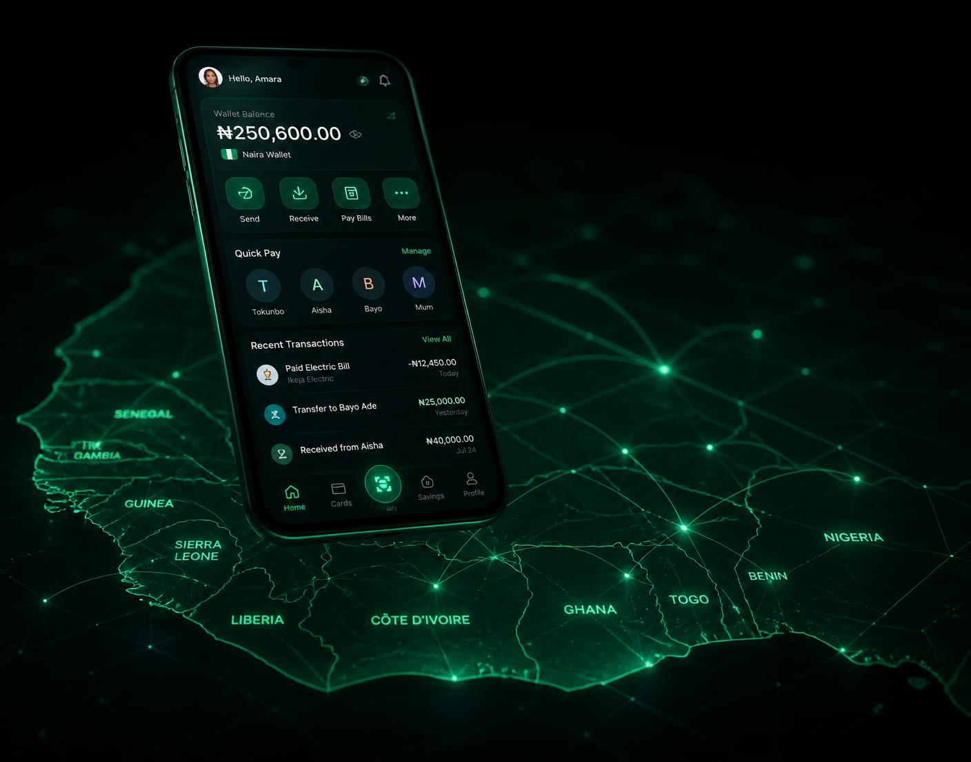 WestPay AI mobile wallet above a glowing network map of West Africa